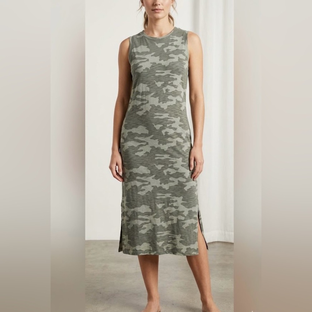 Olive Green Camo Sleeveless Camo Jersey Sundress Green With Slit Both Side